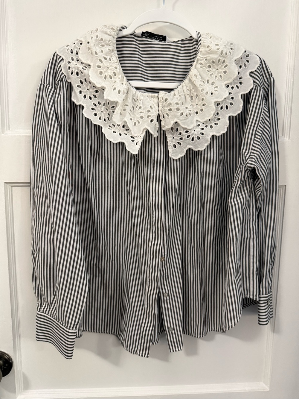 Zara Black & White Striped Button-Down with Eyelet Collar